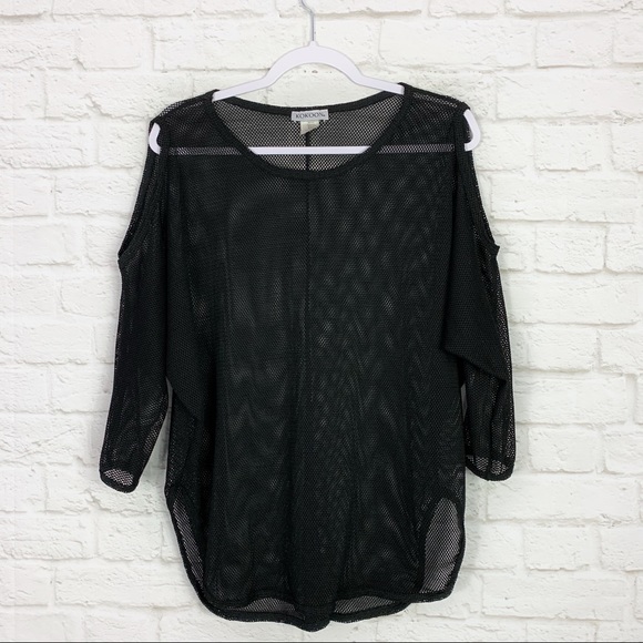 Kokoon Tops - Kokoon Black Mesh Cold Shoulder 3/4 Sleeve Top S